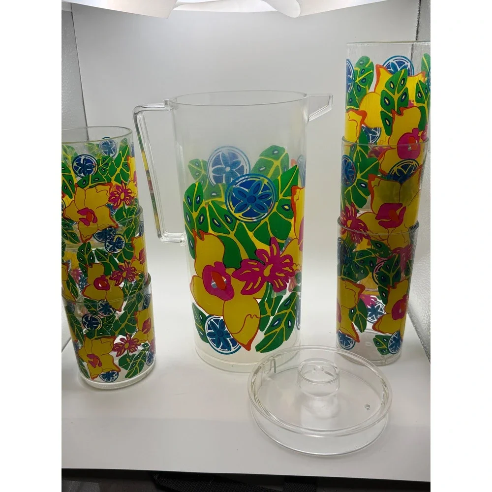 Vtg Tropical Floral Acrylic Pitcher and 6 Tumbler Set Multicolor Summer Retro
